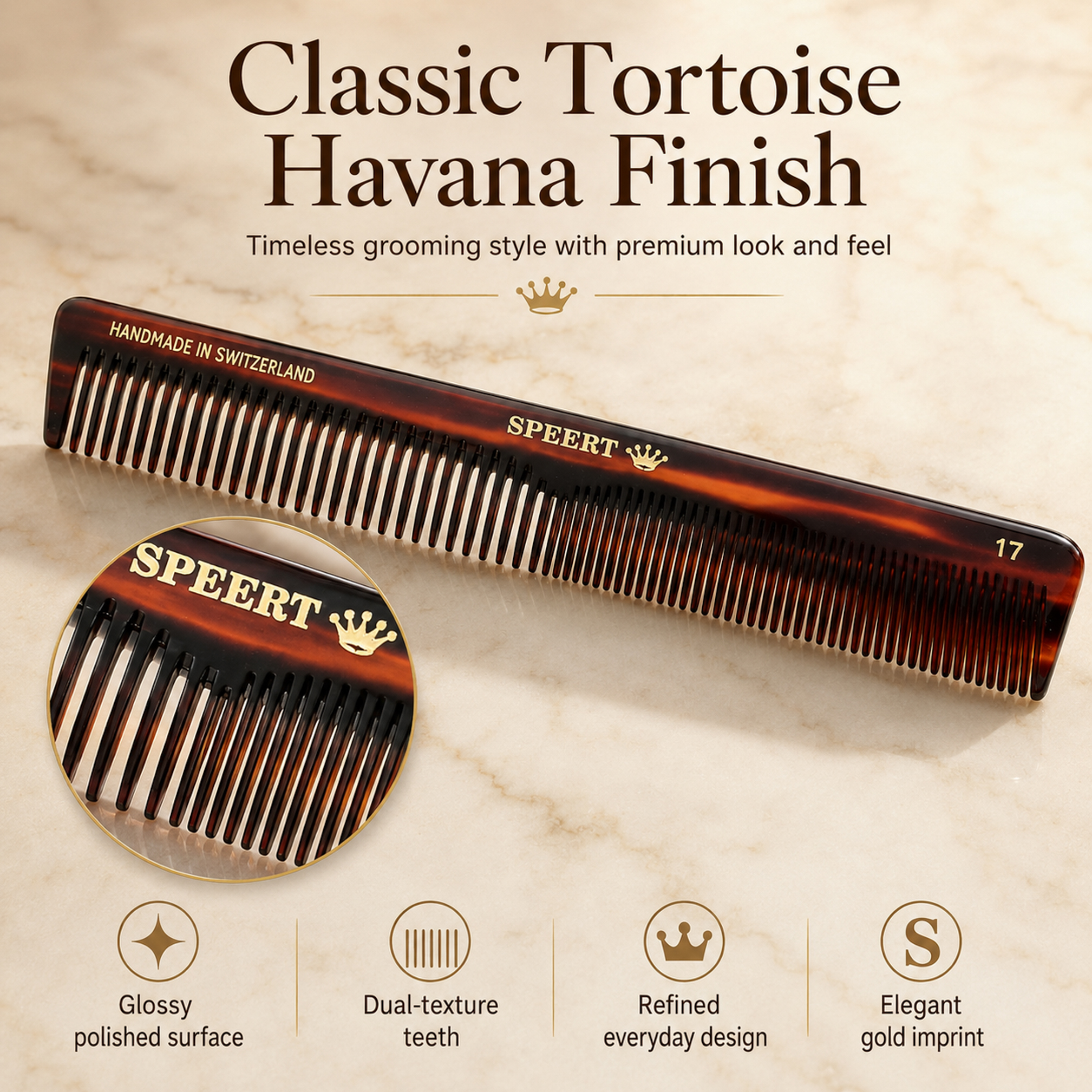 Speert Swiss Comb Classic Tortoise Finish Infographic